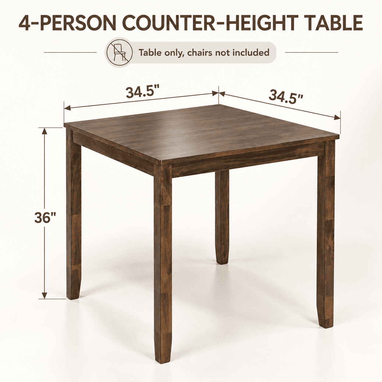 PAPROOS Counter Height Dining Table, Solid Wood Square Kitchen Table for Small Space, Modern Farmhouse Acacia Wooden Dining Table, Walnut(Table Only)