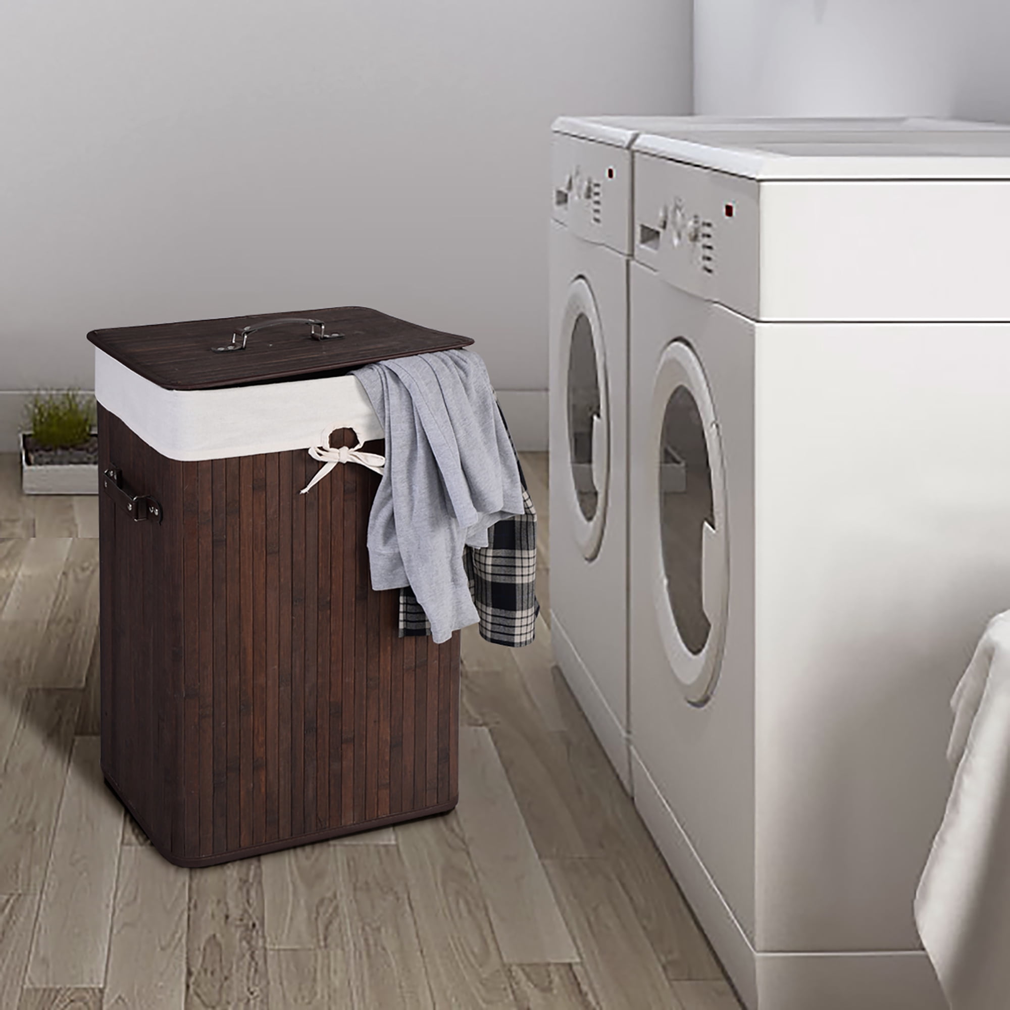 Costway Tall Portable Laundry Basket, Deep Brown & White