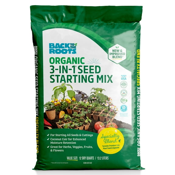 Back to the Roots Natural and Organic 3-in-1 Seed Starting Mix, Premium Blend Soil, 12 Quart Value Size, New & Improved Blend