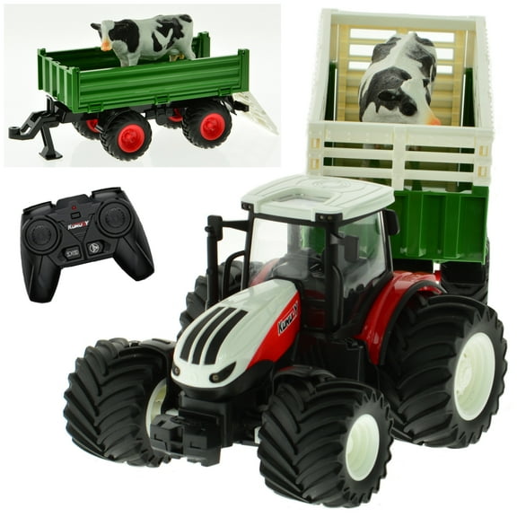 1:24 Korody RC Farm Tractor Toy 4 Wheel w/ Convertible Livestock Trailer & Cow