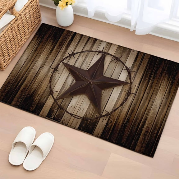 Western Star Retro Bathroom Rug Washable 2x3 Entryway Rug Non Slip Vintage Brown Wood Barn Front Door Mat Low Pile Indoor Doormat Throw Floor Carpet for Kitchen Bedroom Entrance