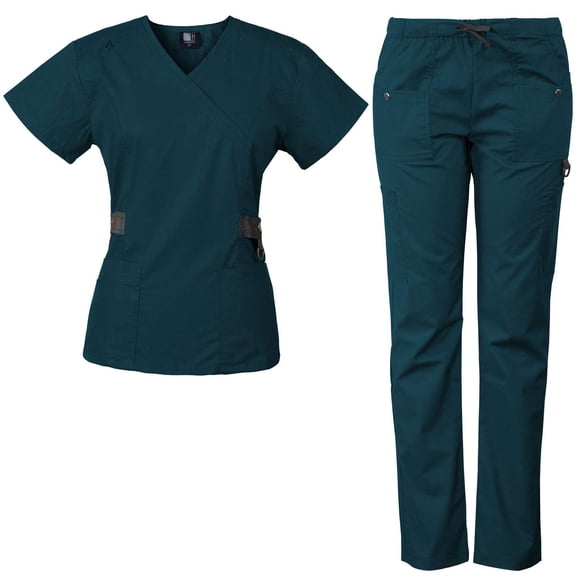 Medgear 12-Pocket Women's Scrub Set with Silver Snap Detail & Contrast Trim (X-Small, Caribbean)