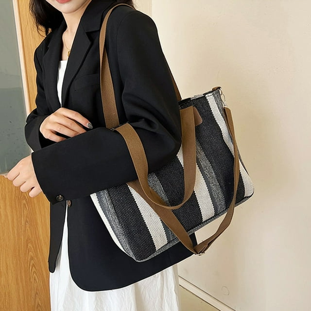 Fashionable Canvas Striped Handbag Large Capacity Shoulder Women Bag Practical And Versatile Trendy Tote Bag For Women
