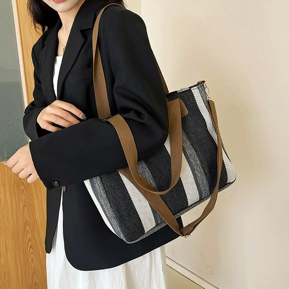 Jpxdew Canvas Tote Bag Women Large Capacity,14.17x11.81x4.33in Size,Striped Shoulder Purse,for Work Travel Dating Essentials