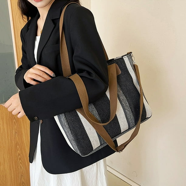 Bolso de lona a rayas para mujer | Bolso de hombro tipo tote de gran capacidad | Lona resistente en azul, negro y blanco | Bolso versátil y elegante para el trabajo, compras, viajes y fiestas