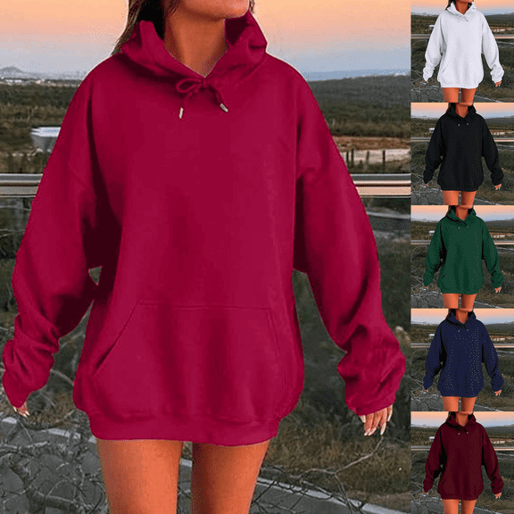 Womens Oversized Hoodies Drawstring Casual Comfy Solid Color Shirts Long Sleeve Pullover Fall Winter Outfits Sweatshirts with Pocket