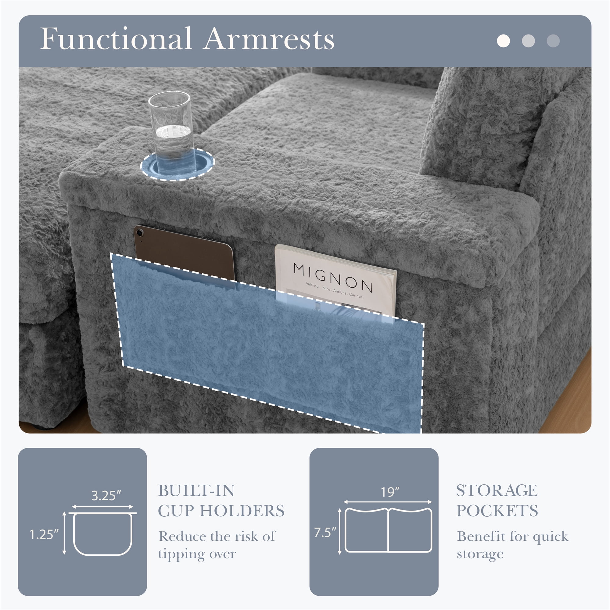 Aukfa 43 inch Chaise Lounge w/ 2 Cupholders, Storage Ottoman, Plush Chair Bed for Living Room, Gray