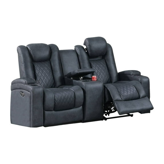 Benzara Elva Upholstered Leather Power Reclining Loveseat in Dark Blue