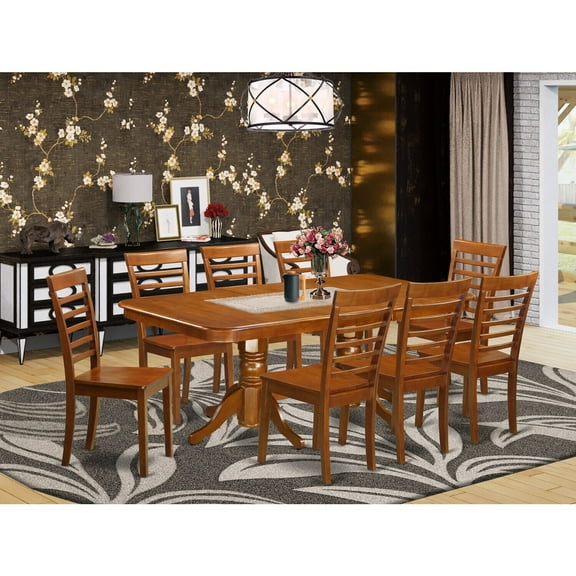 Rustic Dining Set 9 Piece - Kitchen Table with Butterfly Leaf & Chairs - Saddle Brown Wood Dining Room Furniture