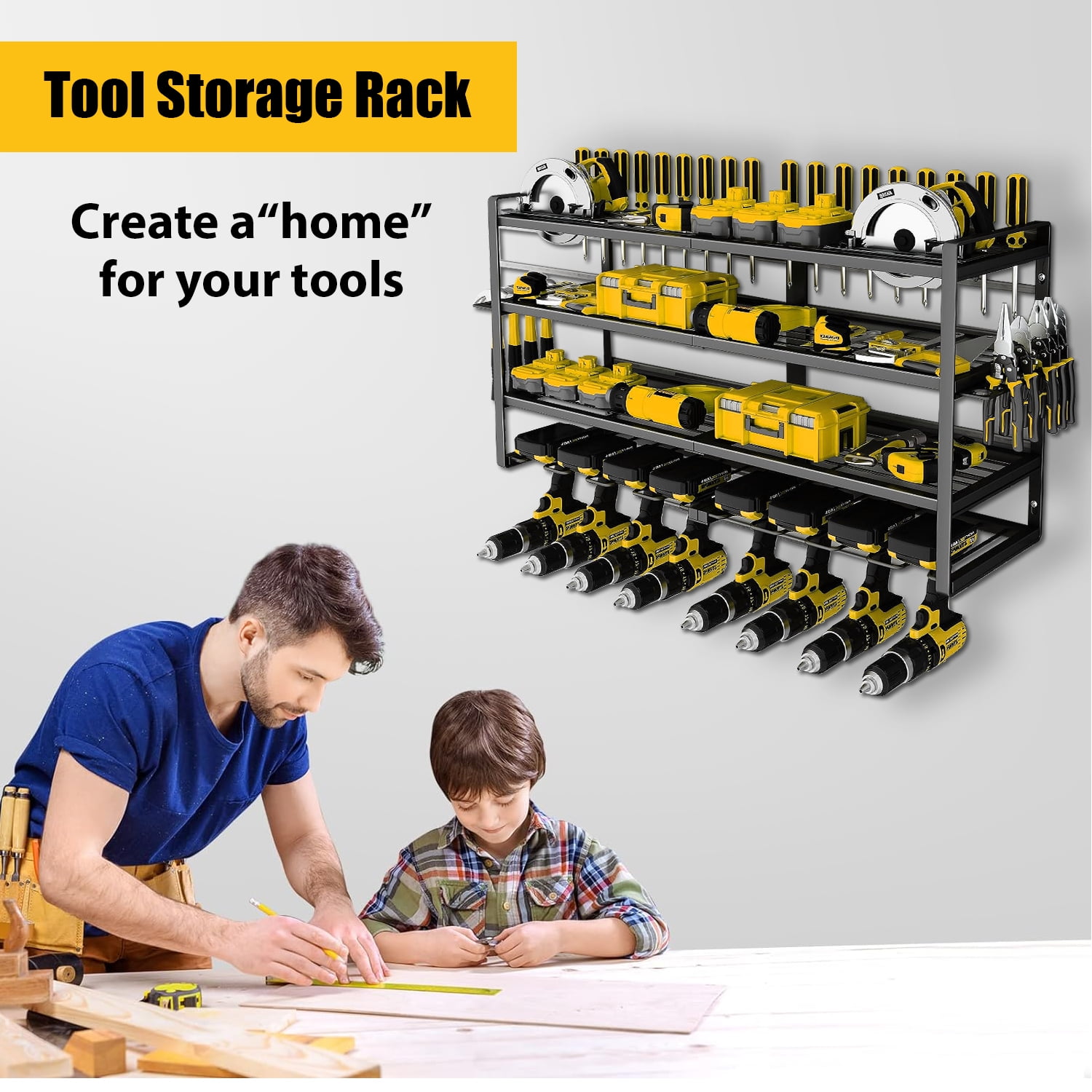 Large Power Tool Organizer Wall Mount, 4 Large Layers Heavy Duty Metal Garage Organization Loads 300lbs with 8 Cordless Drill Holder, Power Tool Shelf for Workshop, Utility Racks