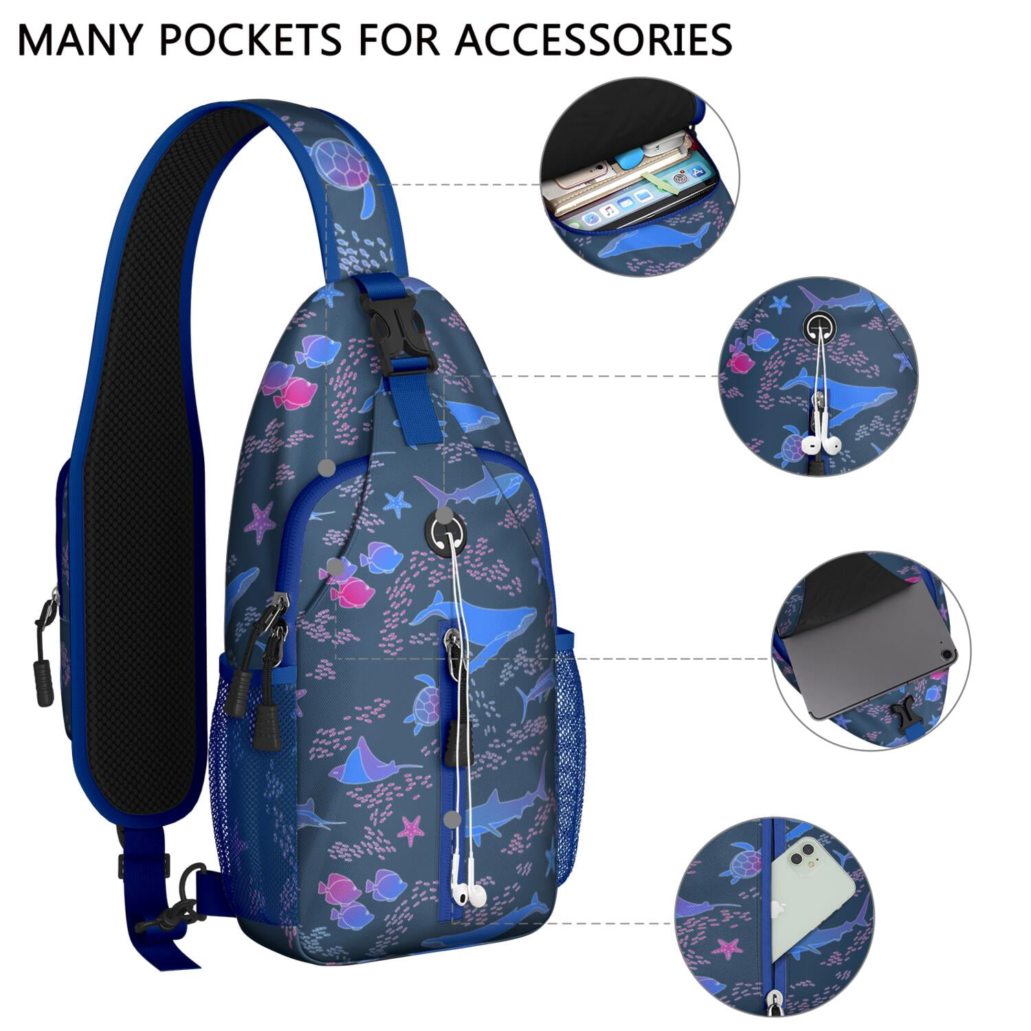 Crossbody Sling Backpack for Women Men Ocean Life Whale Seastar Fish Turtle Shoulder Sling Crossbody Casual Chest Bag for Travel Sports Running Hiking