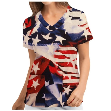 

Womens 4th of July Scrubs Tops USA Flag Stars Stripes Print Stretch Moisture Wicking Comfy Workwear Short Sleeve V Neck Pockets Working Uniform