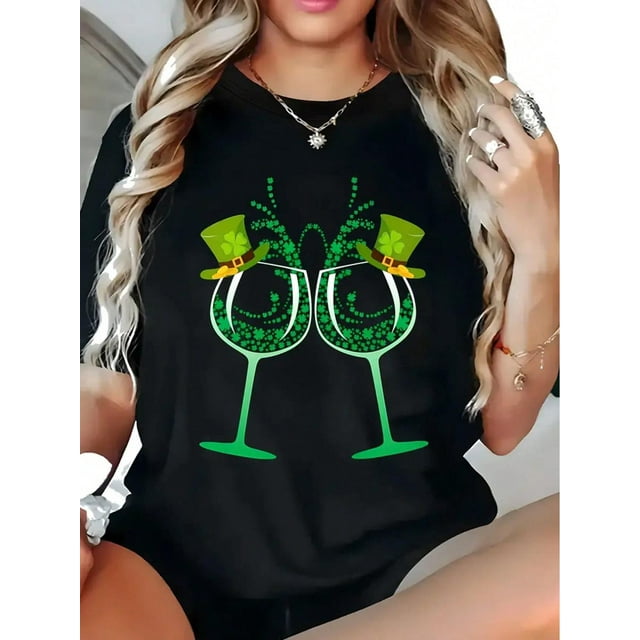 Women's T Shirts Summer Tops Simple Heart Graphic Shirts Sayings Short Sleeve Vacation Casual Blouse Thankful teeSt. Patrick's Day Print, Casual Women's Round Neck T-Shirt, Comfortable Black Short-S