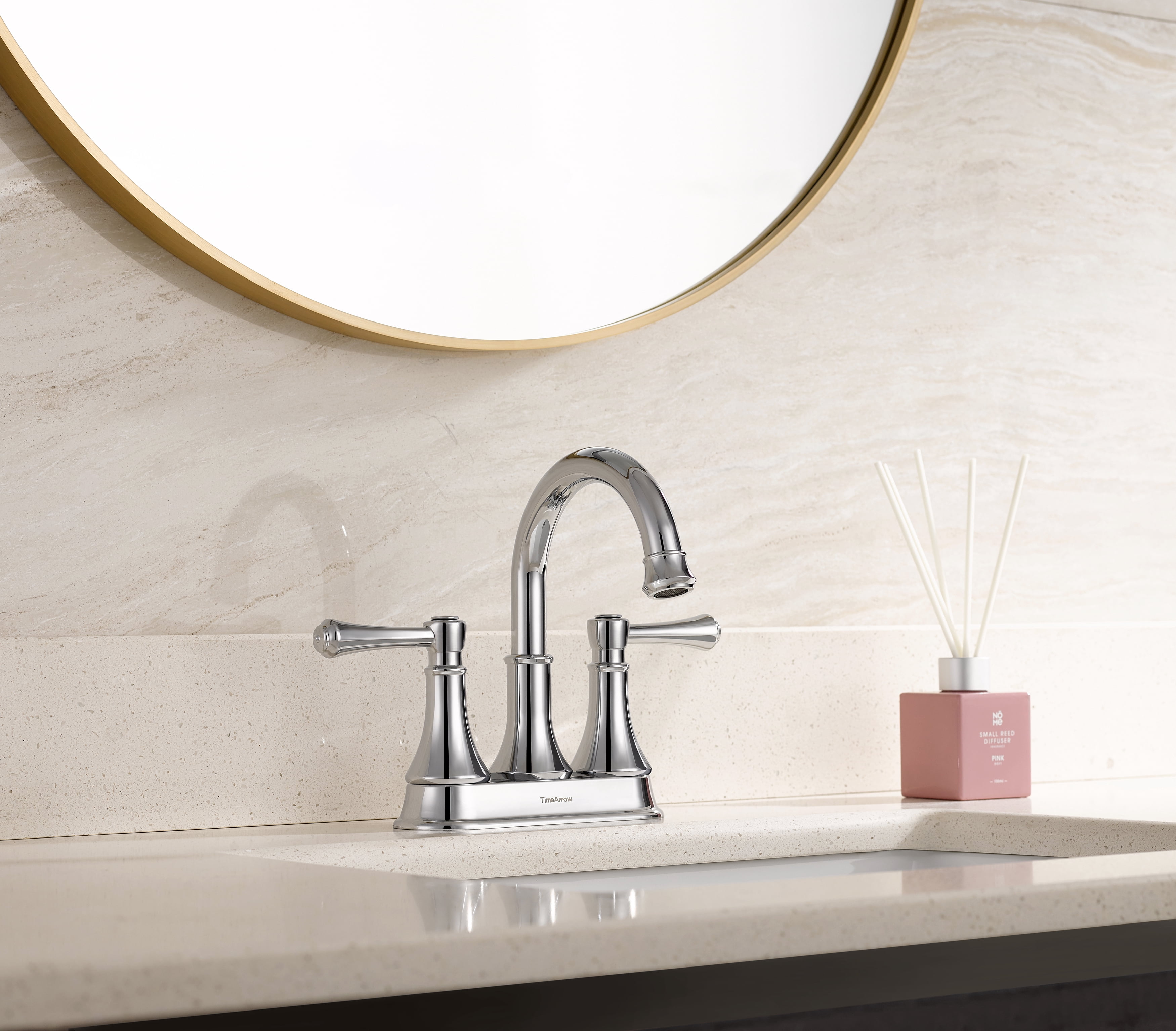 TimeArrow Chrome 4 Inch Bathroom Sink Faucet Vanity Lavatory Faucet for 3 Holes with Pop up Drain and 360° Swivel Brass Spout, TAF067Y-CP