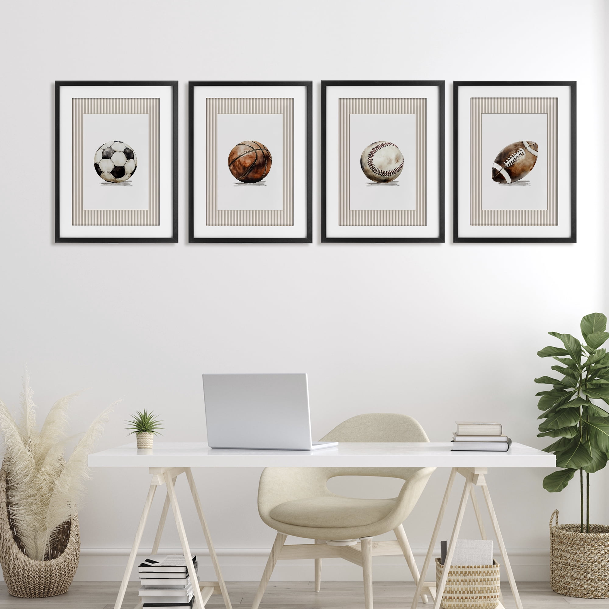 Stupell Industries Vintage Sports Beige Stripes 4 Piece Black Framed Print Under Glass Set, design by Christine Simpson Art