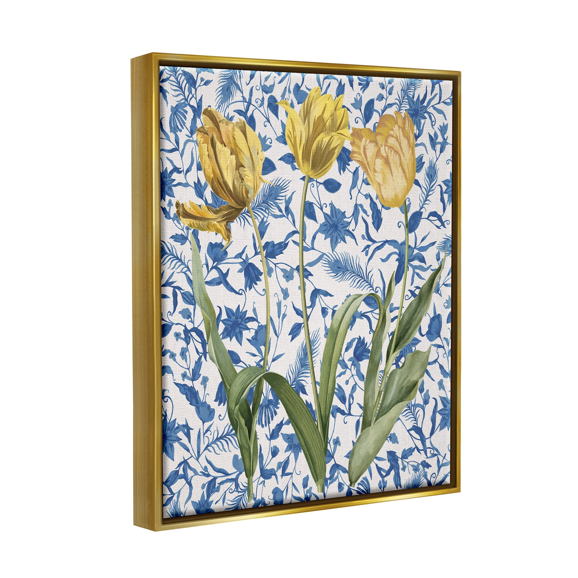 Stupell Industries Three Tulips on Toile Botanical & Floral Painting Gold Floater Framed Canvas Art Print Wall Art, 17 x 21