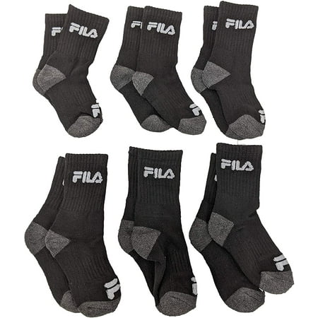 Fila Kids Boys 6-Pack Half Cushion Crew Socks Contrast Heel - Black, Boys Small Shoe size 7-10