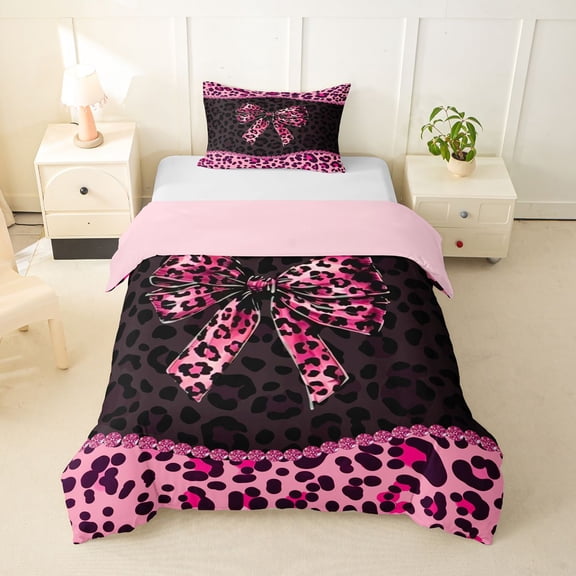 spefrowx Leopard Print Bow Print Twin Duvet Cover for Women, Black Pink Polkadot Twin Bedding, Pink Reversible, 2pcs, 1 Duvet Cover and 1 Pillowcase