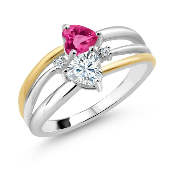 925 Silver and 10K Yellow Gold Pink Created Sapphire and White Moissanite and White Lab Grown Diamond Band Ring for Women (1.04 Cttw, Gemstone September Birthstone, Heart Shape 5MM, Size 7)