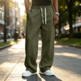 thumbnail image 4 of Men's Straight Leg Pants, Solid Color Drawstring Elastic Waist Loose Fit Fall Casual Trousers with Pockets Army Green 3XL, 4 of 5