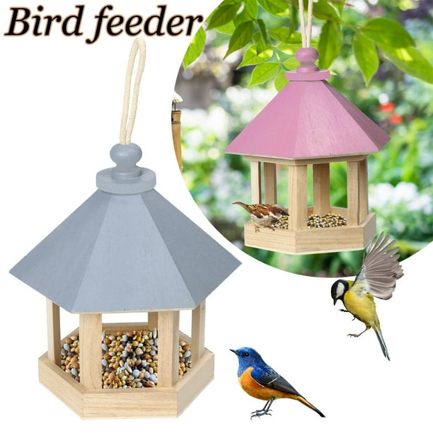 Xihbxyly Comedero de Madera para Pájaros, Diseño Hexagonal Colgante, Techo para Proteger Del Sol y La Lluvia, Atrae Pinzones, Azulejos y Más, Decoración para Jardín, Fácil de Llenar y Limpiar, 20 X 1