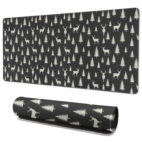 35.4x15.7 Inch Gaming Mouse Pad, Non-Slip Stitched Rubber Desk Mat for Desktop & Laptop,Deer Forest Tree Black Pattern