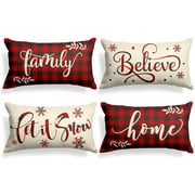 Christmas Pillow Covers, Happiwiz Fall Saying Buffalo Plaid Throw Pillow Cover, 12 x 20" Farmhouse Christmas decorative pillows Case for Kitchen Set of 4