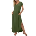 thumbnail image 1 of Timegard Robes Maxi Décontractées d'Été pour Femmes Col en V Manches Courtes Fente Latérale Longue Robe Soleil avec Poches Plage Vacances, 1 of 6