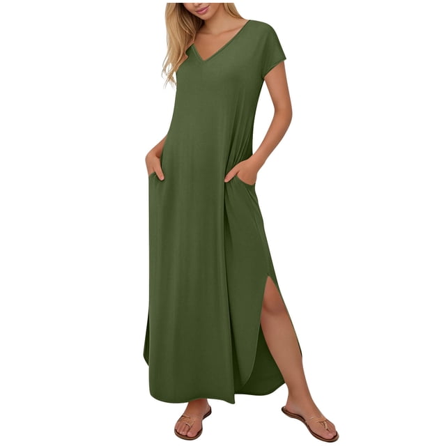 Timegard Robes Maxi Décontractées d'Été pour Femmes Col en V Manches Courtes Fente Latérale Longue Robe Soleil avec Poches Plage Vacances