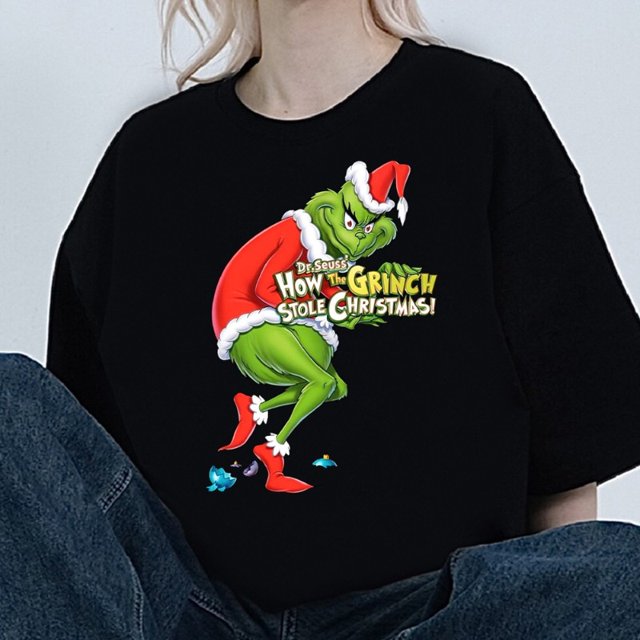 Camiseta de dibujos animados para hombres y mujeres, ropa de combinación, cuello de manga corta, moda de algodón, cómo el g-grinch estola c-navidad
