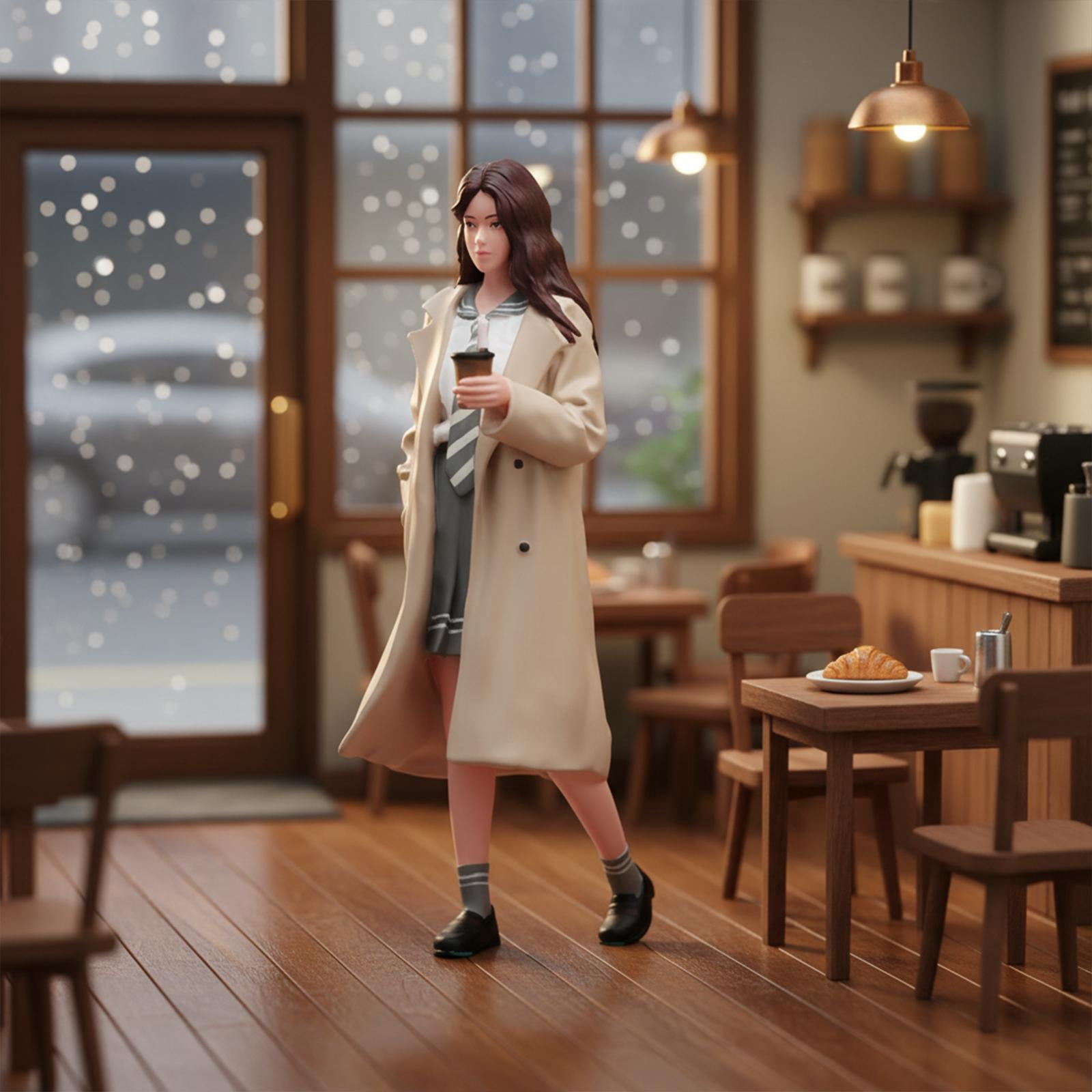 MERIGLARE Coffee Girl Street Miniature Model Diorama Figure Hobby Doll Accessory Resin Figurine for Birthday Gift Doll House Decoration 1 to 24 Scale
