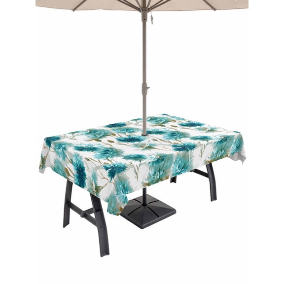 Outdoor Tablecloth with Umbrella Hole for Patio/Picnic/Party/Camping, Teal Green Floral Waterproof Table Cloth Rectangle Table Cover Washable, Vintage Cornflower Leaves Rustic Plants (52"x 70")