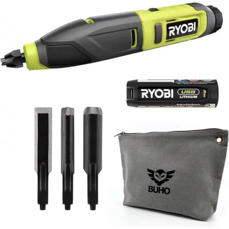 Power Carver Bundle with Ryobi Carver and Buho Tool Pouch, USB Lithium 2.0 Ah Battery and Charging Cable -  Wood Carving Tool - Includes Straight Chisel, U-Gouge and V-Gouge Blades