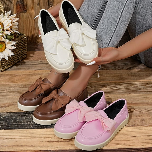 Miluxas Women's Leather Casual Round Toe Driving Moccasins Fashion Tiebow Slip On Walking Nurse Shoes Soft Lightweight Ladies Flat Loafers White 9.5(43)