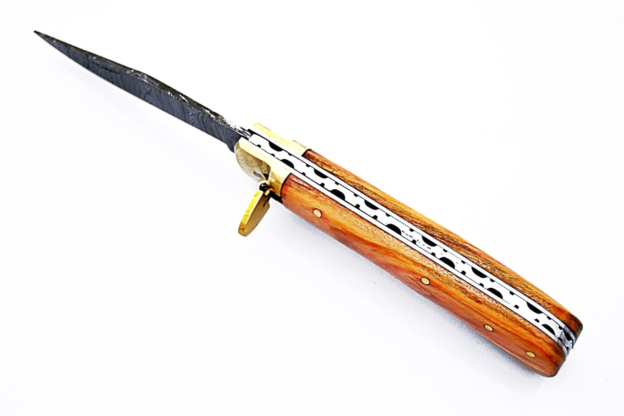 Olive Wood Handle Damascus Lever Lock Knife