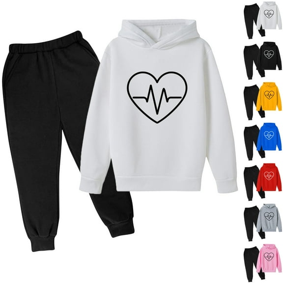 WRKEKC Toddler Winter Outfits for Girls Boys 3-14 Years Heartbeat Print Long Sleeve Hoodie and Drawstring Jogger Pants Two Piece Fun Warm Fall Set