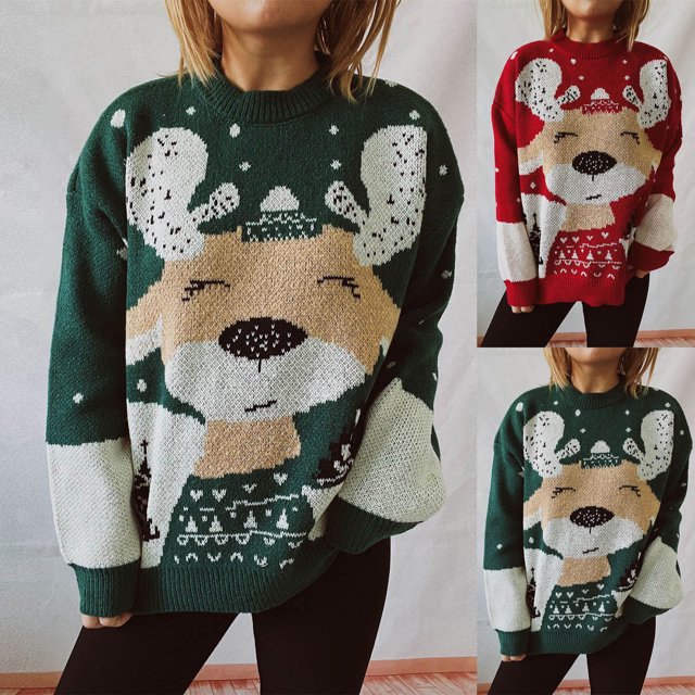 JURANMO Chandails de Noël pour Femmes, Mignon Chandail Graphique de Noël avec Orignal, Manches Longues, Col Rond, Chandail de Noël Décontracté, Rouge P