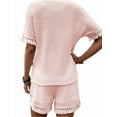 thumbnail image 2 of Womens Fringe Trim Textured Short Two Piece Set Waffle Tops and Short Sets Pink L, 2 of 6