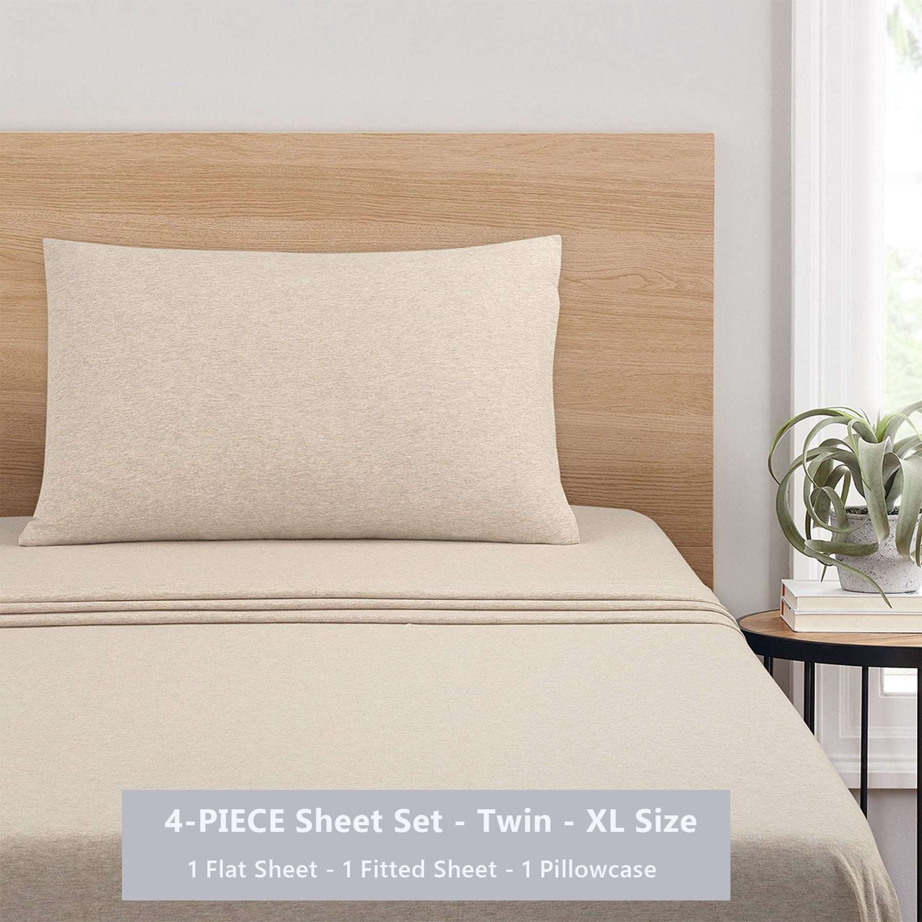 Mainstays Cotton Rich Extra Soft Jersey Bed Sheet Set, Twin-XL, Oatmeal Heather, 3 Pieces