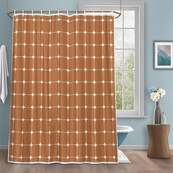 Brown Gingham Shower Curtain Set with Hooks, Modern Minimalist White Line Grid Points Checkered Water Repellent Sturdy Shower Curtains for Bathroom Decoration, Machine Washable 36x72 Inch