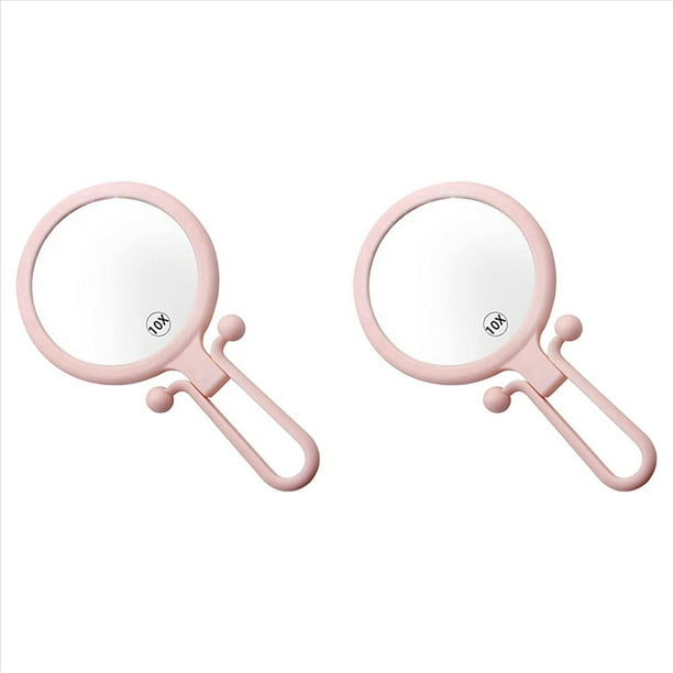 2X Lupa de Mano 10X, Espejo de Maquillaje Plegable de Doble Cara, Espejo de Mano PortáTil con Manejar Ajustable (Rosa)