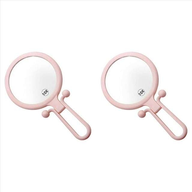 2X Lupa de Mano 10X, Espejo de Maquillaje Plegable de Doble Cara, Espejo de Mano PortáTil con Manejar Ajustable (Rosa)