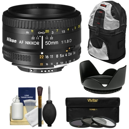 Nikon 50mm f/1.8D AF Nikkor Lens with Sling Backpack + 3 UV/CPL/ND8 Filters + Hood Kit for D7100, D7200, D610, D750, D810
