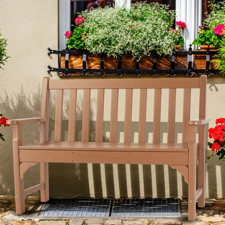 GoDecor 2 Person Outdoor Garden Bench Heavy Duty HDPE 49 in Outdoor Seat Plastic Bench for Balcony Porch Teak