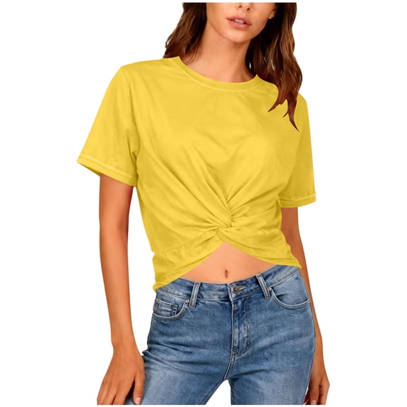 Hurxie Women's Short Sleeve Crop Tops, Workout Shirts Tees Going Out Y2k Tops Basic Slim Fitted Base Layer Yellow 2XL