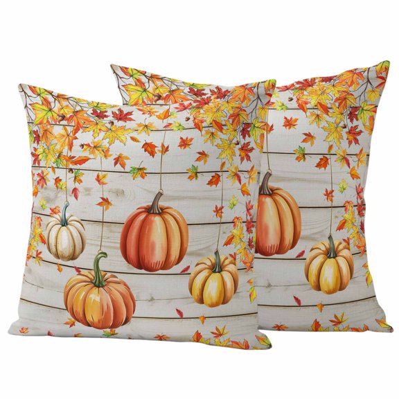 Outdoor Pillow Covers 24 x 24 Inches, Weeping Pumpkin Fall Waterproof Throw Pillow Cover Set of 2, Thanksgiving Maple Leaves Wood Decorative Square Cushion Covers for Patio/Tent/Couch/Garden