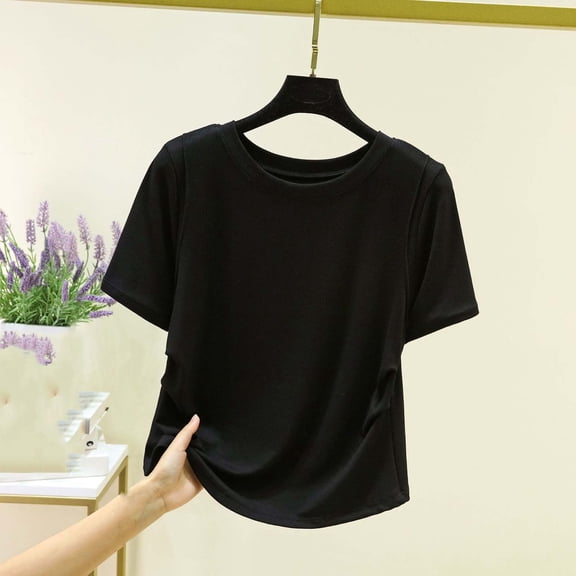 ClodeEU Women's Waist Pleated Ribbed Knit Top, Short Sleeve Round Neck Casual Shirt for Summer Black,Womens Plus XXL