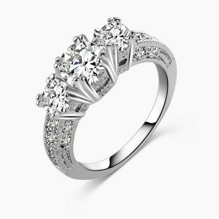 DYMADE Fashion Women's Princess Cubic Zirconia CZ Three Stone Engagement Wedding (Best Wedding Band For Three Stone Engagement Ring)