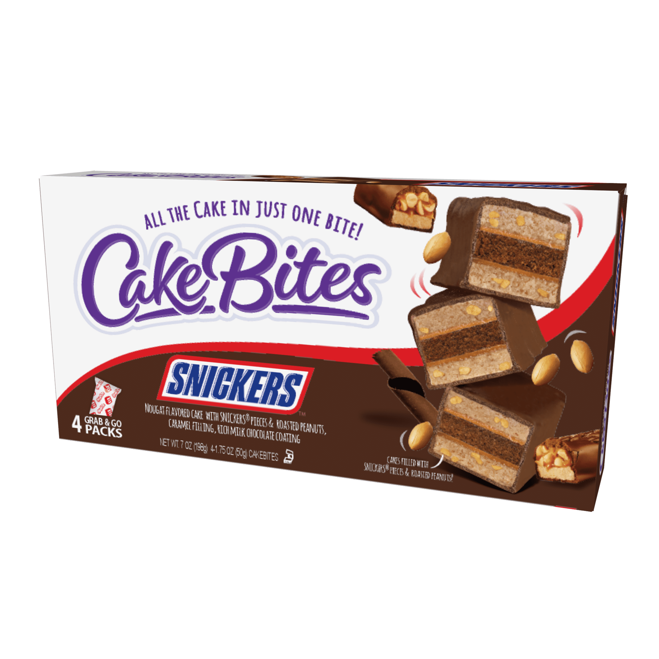 CakeBites Snickers, 4 Grab & Go Family Size Mini Cakes, 7oz, Shelf Stable