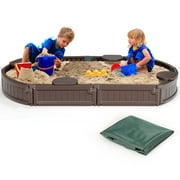 Infans 6F Wooden Sandbox w/Built-in Corner Seat, Cover, Bottom Liner for Outdoor Play